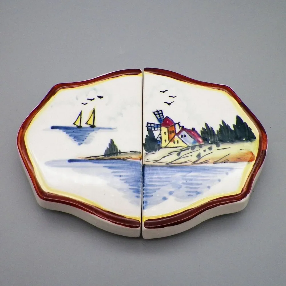 Vintage Fred Roberts Expandable Ceramic Trivet Windmill Sailboats Holland Scene